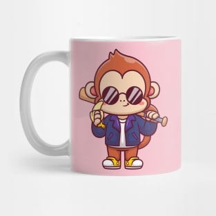 Cute Monkey With Baseball Bat With Jacket And Banana  Cartoon Mug